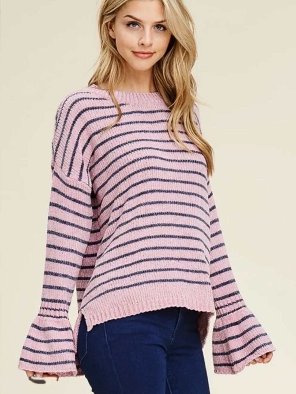 Staccato Pink and Black Striped Crewneck Sweater